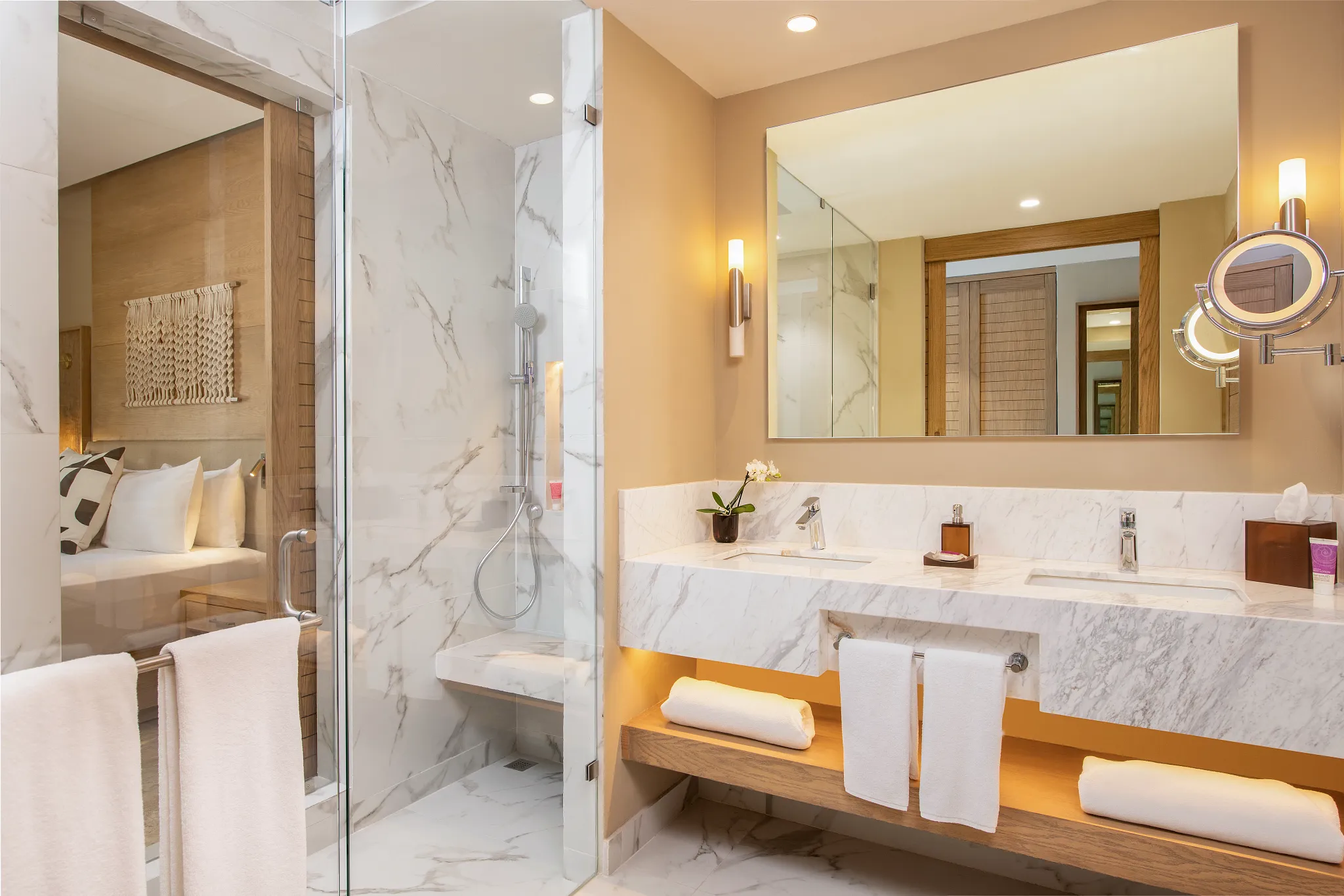 Club Level Junior Suite Oceanfront King bathroom with double vanity and rain shower at Hyatt Zilara Riviera Maya.