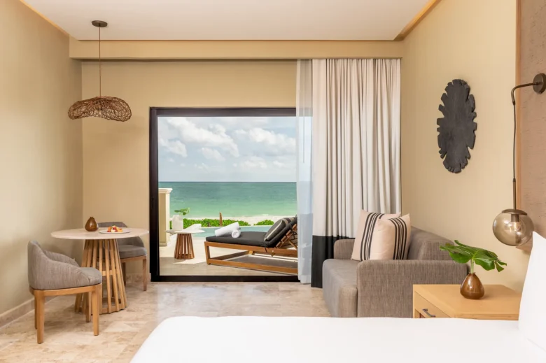 Club Level Junior Suite Oceanfront Swim Out King with terrace and ocean view at Hyatt Zilara Riviera Maya.
