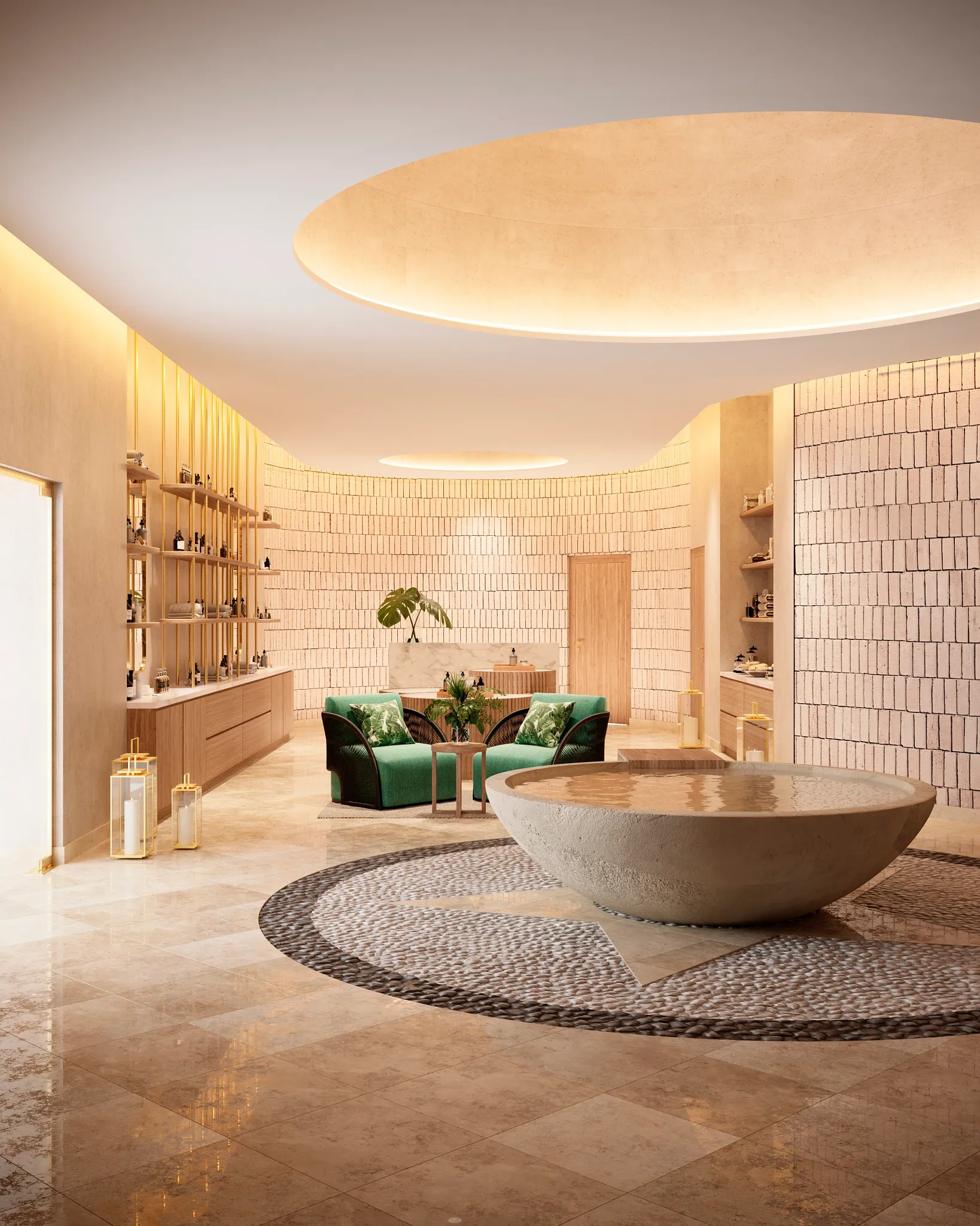 Modern spa reception area with warm lighting and minimalist design at Hyatt Zilara Riviera Maya, ideal for relaxation and wellness experiences.